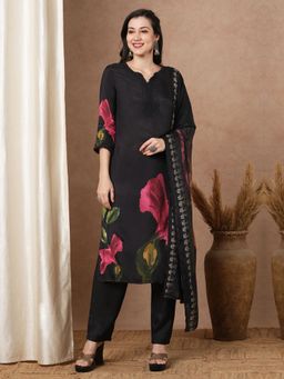 FASHOR - Floral Printed & Embroidered Kurta With Pant And Dupatta - Black (Set of 3)