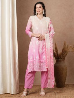 FASHOR - Ombre Dyed And Floral Embroidered Kurta With Pant And Dupatta - Pink (Set of 3)