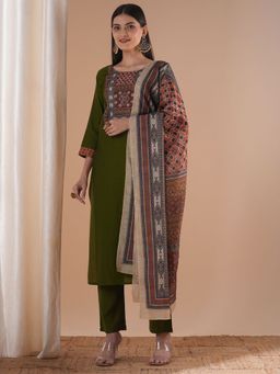 FASHOR - Ethnic Embroidered Straight Kurta With Pant And Dupatta - Green (Set of 3)