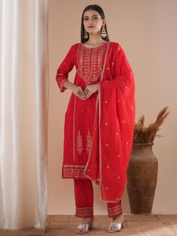 FASHOR - Ethnic Floral Embroidered Flared Kurta With Pant And Dupatta - Red (Set of 3)