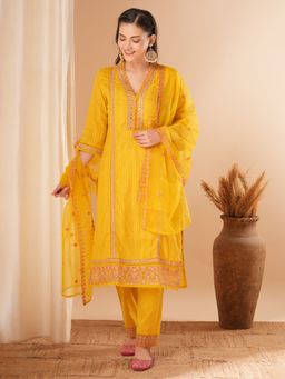 FASHOR - Ethnic Floral Embroidered Straight Fit Kurta With Pant And Dupatta - Yellow (Set of 3)