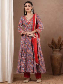 FASHOR - Leheriya Printed And Embroidered Anarkali Kurta With Pant & Dupatta - Multi (Set of 3)