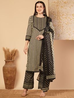 FASHOR - Stripes Printed & Embroidered Straight Kurta With Pant And Dupatta - Multi (Set of 3)
