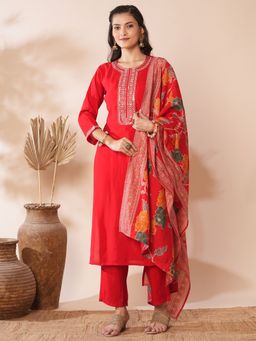 FASHOR - Ethnic Floral Embroidered Straight Fit Kurta With Pant And Dupatta - Red (Set of 3)