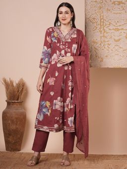 FASHOR - Floral Printed & Embroidered Anarkali Kurta With Pant & Dupatta - Maroon (Set of 3)
