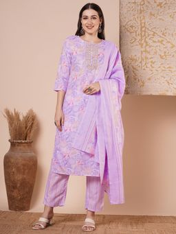 FASHOR - Floral Printed & Embroidered Straight Kurta With Pant And Dupatta - Purple (Set of 3)
