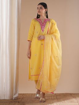 FASHOR - Gota Patti Embroidered Straight Fit Kurta With Pant And Dupatta - Yellow (Set of 3)