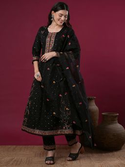 FASHOR - Ethnic Floral Embroidered Anarkali Kurta With Pant & Dupatta - Black (Set of 3)