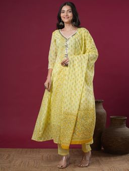 FASHOR - Floral Printed Embroidered Anarkali Kurta With Pant & Dupatta - Yellow (Set of 3)