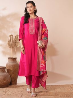 FASHOR - Ethnic Floral Embroidered Straight Fit Kurta With Pant And Dupatta - Pink (Set of 3)