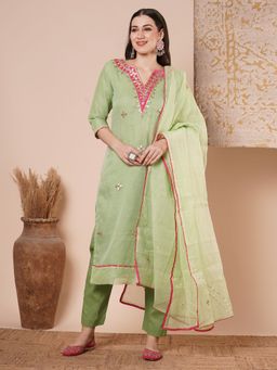 FASHOR - Gota Patti Embroidered Kurta With Pant And Dupatta - Light Green (Set of 3)