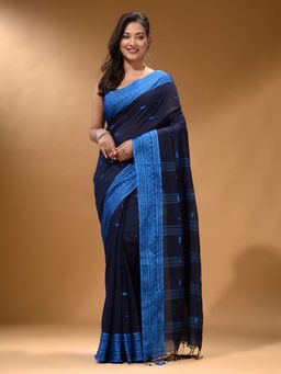 Arhi - Navy Blue Cotton Handspun Soft Saree with Unstitched Blouse