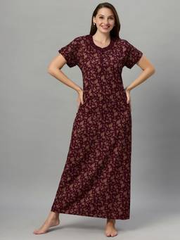 Quira - Women Maroon Poly Cotton Leaf Print Round Neck Nighty