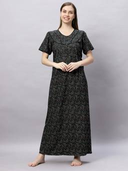 Quira - Women Black Comfortable Cotton Blend Half Sleeves Nighty