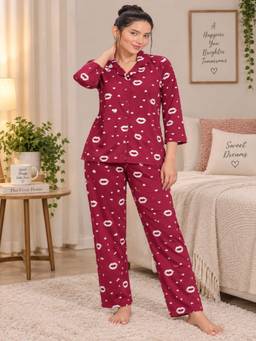 KOI SLEEPWEAR - Red Modal Satin Printed Shirt and Pyjama