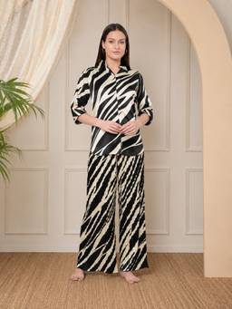 KOI SLEEPWEAR - Black Zebra Print Satin Pleated Night Suit