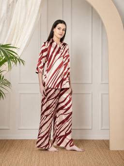 KOI SLEEPWEAR - Maroon Zebra Print Satin Pleated Night Suit