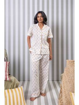 RATAN JAIPUR - White Floral Printed Cotton Night Suit
