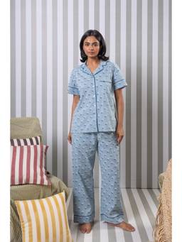 RATAN JAIPUR - Blue Floral Printed Cotton Night Suit