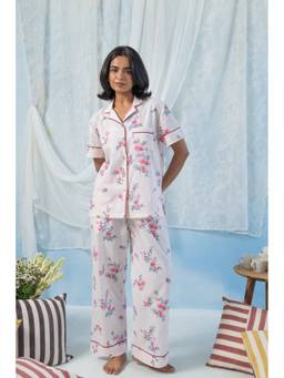 RATAN JAIPUR - White Floral Printed Cotton Half Sleeve Shirt and Pyjama