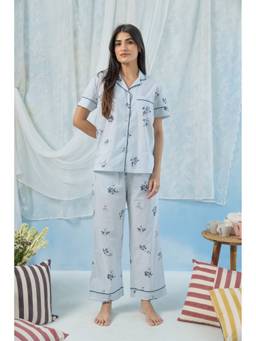RATAN JAIPUR - Sky Blue Floral Printed Floral Cotton Half Sleeve Shirt and Pyjama