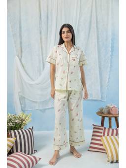 RATAN JAIPUR - Yellow Floral Printed Cotton Half Sleeve Shirt and Pyjama