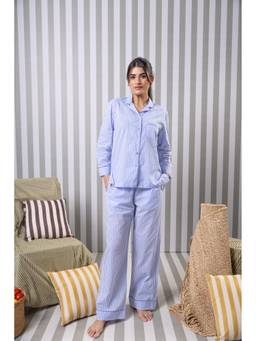 RATAN JAIPUR - Blue Striped Cotton Full Sleeves Night Suit
