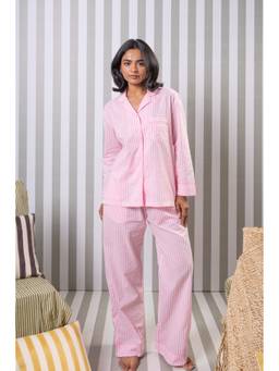 RATAN JAIPUR - Pink Striped Cotton Full Sleeves Night Suit