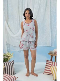 RATAN JAIPUR - Sky Blue Printed Sleeveless Double Gauze Night Suit