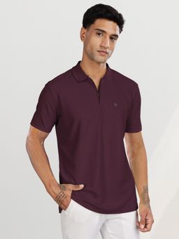 BULLMER - Men Burgundy Polyester Solid Regular Fit Polo T-Shirt