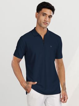 BULLMER - Men Navy Blue Polyester Solid Regular Fit Polo T-Shirt