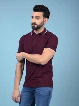 CRIMSOUNE CLUB - Men Wine Cotton Blend Solid Regular Fit Polo T-Shirt