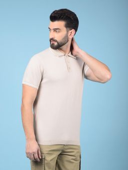 CRIMSOUNE CLUB - Men Beige Cotton Blend Textured Regular Fit Polo T-Shirt