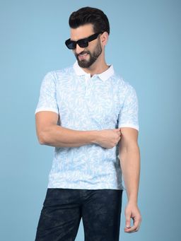 CRIMSOUNE CLUB - Men Blue Cotton Blend Floral Regular Fit Polo T-Shirt