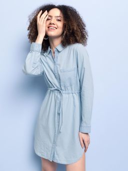 FabAlley - Blue Denim Buttoned Drawstring Waist Shift Dress