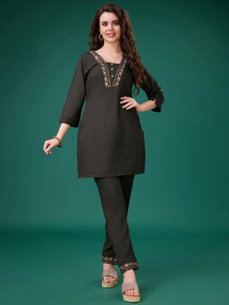 MOJILAA - Women Charcoal Brown Linen Blend Embroidered Causal Co-Ord (Set of 2)