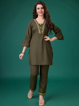 MOJILAA - Women Olive Green Linen Blend Embroidered Causal Co-Ord (Set of 2)