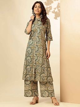 Vbuyz - Women Kalamkari Print Straight Cotton Mehndi Green Kurta with Palazzo