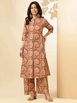 Vbuyz - Women Kalamkari Print Straight Cotton Red Kurta with Palazzo