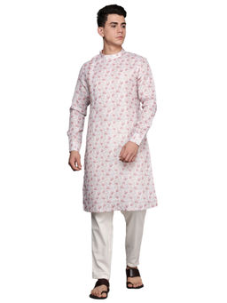 Manyavar - Mens Blended Viscose Floral Print Casual Kurta (Cream)