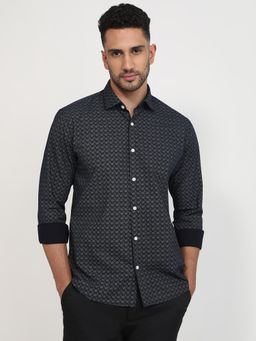 Park Avenue - Slim Fit Printed Dark Blue Full Sleeve Pure Cotton Shirt
