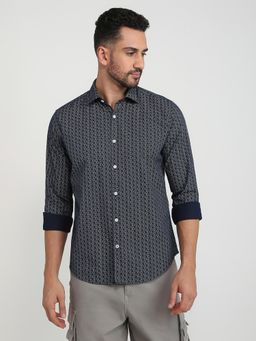 Park Avenue - Slim Fit Printed Dark Blue Full Sleeve Pure Cotton Shirt