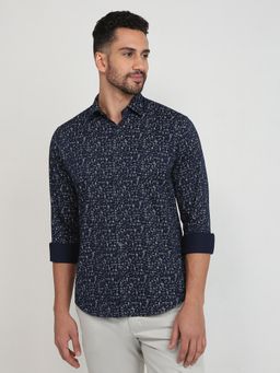 Park Avenue - Slim Fit Printed Dark Blue Full Sleeve Pure Cotton Shirt