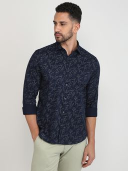 Park Avenue - Slim Fit Printed Dark Blue Full Sleeve Pure Cotton Shirt