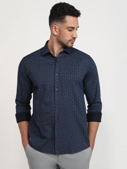Park Avenue - Slim Fit Printed Dark Blue Full Sleeve Pure Cotton Shirt