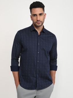 Park Avenue - Slim Fit Printed Dark Blue Full Sleeve Pure Cotton Shirt