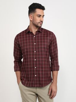 Park Avenue - Slim Fit Checkered Dark Maroon Full Sleeve Polycotton Shirt