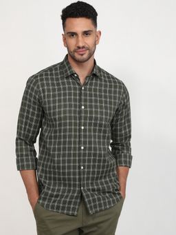 Park Avenue - Slim Fit Checkered Dark Green Full Sleeve Polycotton Shirt