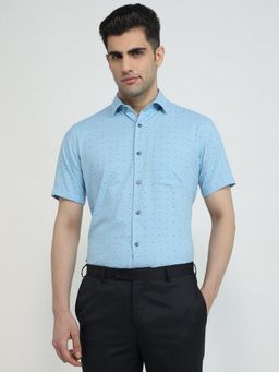 Park Avenue - Regular Fit Printed Medium Blue Half Sleeve Pure Cotton Shirt