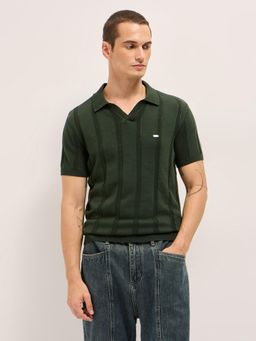 The Bear House - Mens Olive Regular Fit Cotton Knitted Stripes Polo T-Shirt